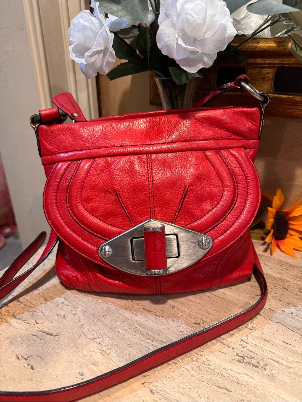 b. makowsky Red Leather Quilted Crossbody with Silver-Tone Lock